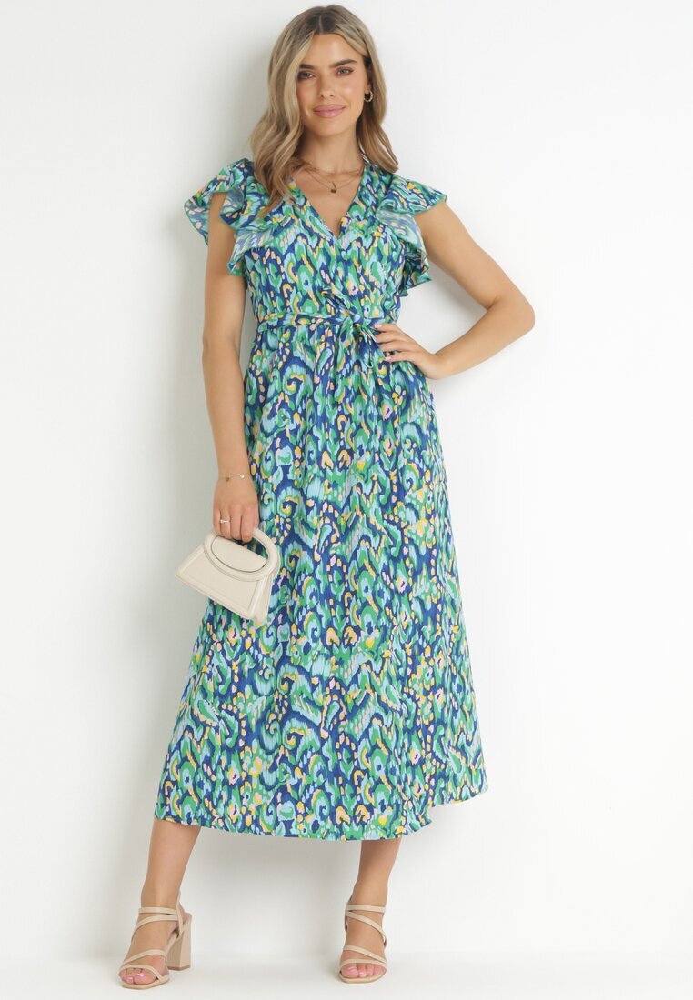 belcci Rochie Bleumarin-Verde Strălucitoare Maxi cu Volane și Curea din Material Xisezi