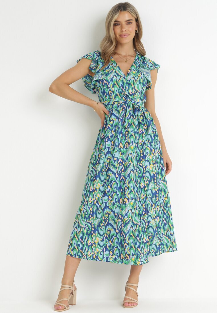 belcci Rochie Bleumarin-Verde Strălucitoare Maxi cu Volane și Curea din Material Xisezi