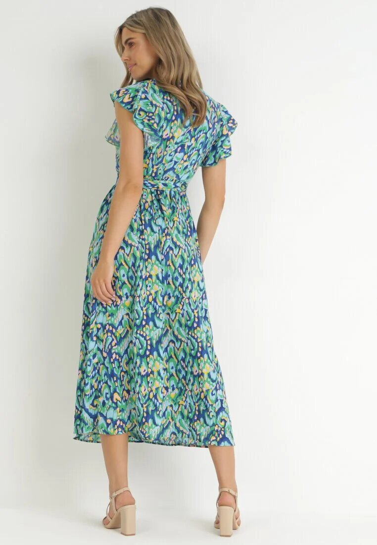 belcci Rochie Bleumarin-Verde Strălucitoare Maxi cu Volane și Curea din Material Xisezi