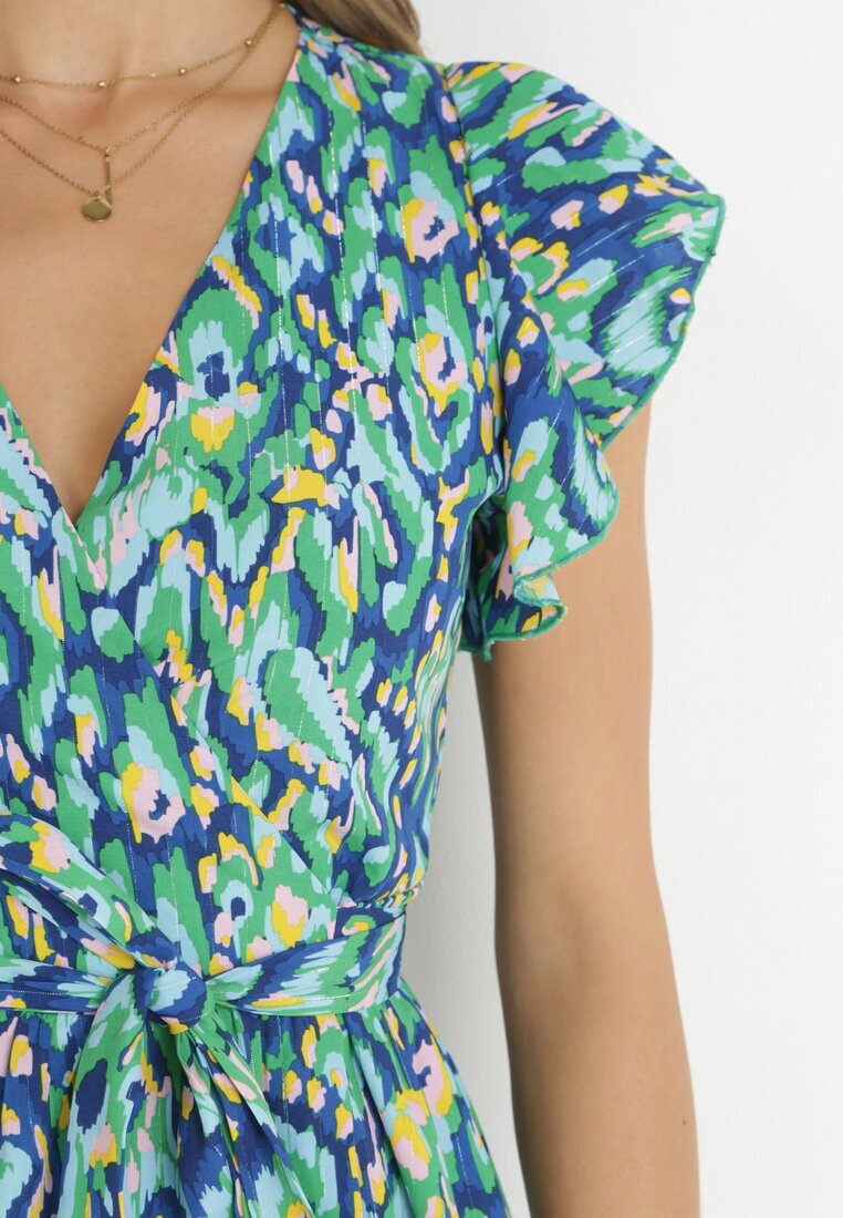 belcci Rochie Bleumarin-Verde Strălucitoare Maxi cu Volane și Curea din Material Xisezi