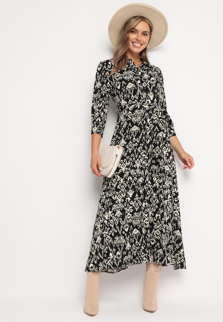 belcci Rochie cămașă Neagră din viscoză decorată cu model ornamental Hoarna