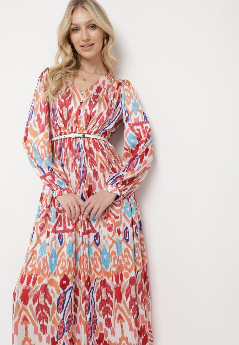 belcci Rochie Maxi Vișiniu-Bej cu imprimeu etno și elastic în talie Junimiza