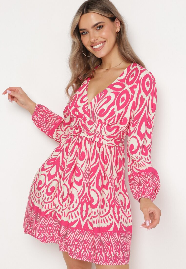 belcci Rochie Roz-Albă Evazată din Viscoză cu Încrețire Decorativă și Elastic la Spate Jolilama