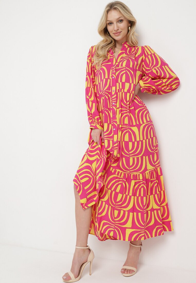belcci Rochie Roz-galbenă Lungă Cloș cu Imprimeu Geometric tip Cămașă Verdana