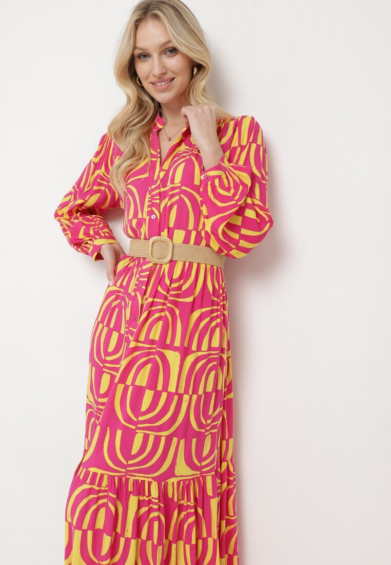 belcci Rochie Roz-galbenă Lungă Cloș cu Imprimeu Geometric tip Cămașă Verdana