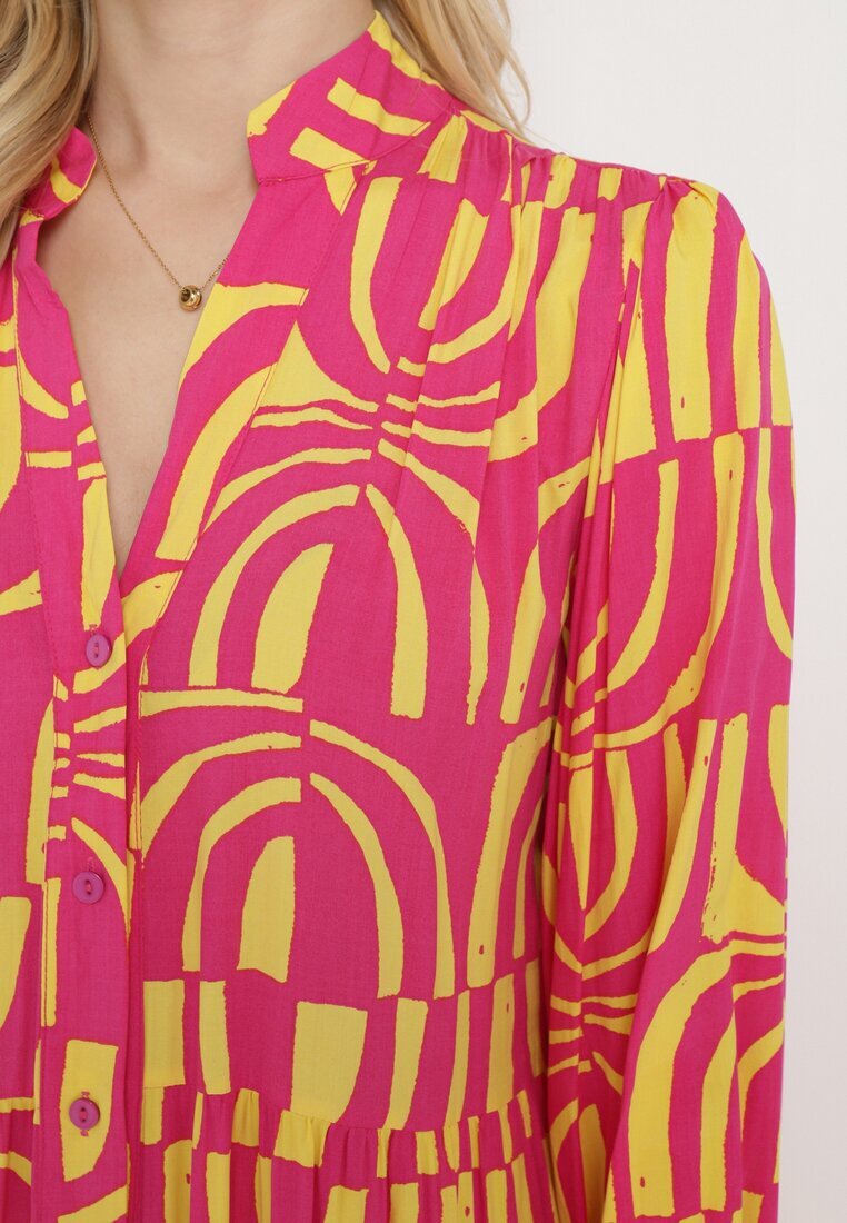 belcci Rochie Roz-galbenă Lungă Cloș cu Imprimeu Geometric tip Cămașă Verdana