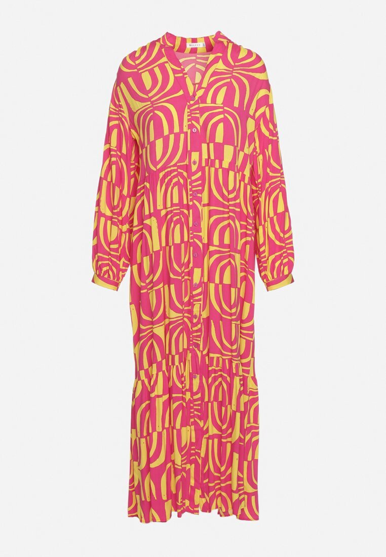 belcci Rochie Roz-galbenă Lungă Cloș cu Imprimeu Geometric tip Cămașă Verdana