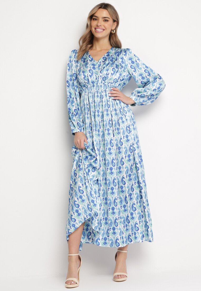 belcci Rochie Satinată Maxi Albastră-Albă Decorată cu Model Paisley cu Elastic în Talie Wirlena