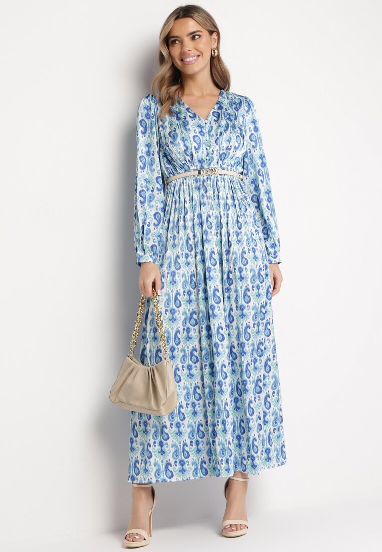 belcci Rochie Satinată Maxi Albastră-Albă Decorată cu Model Paisley cu Elastic în Talie Wirlena