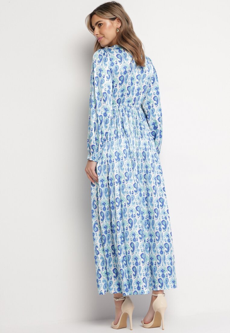 belcci Rochie Satinată Maxi Albastră-Albă Decorată cu Model Paisley cu Elastic în Talie Wirlena