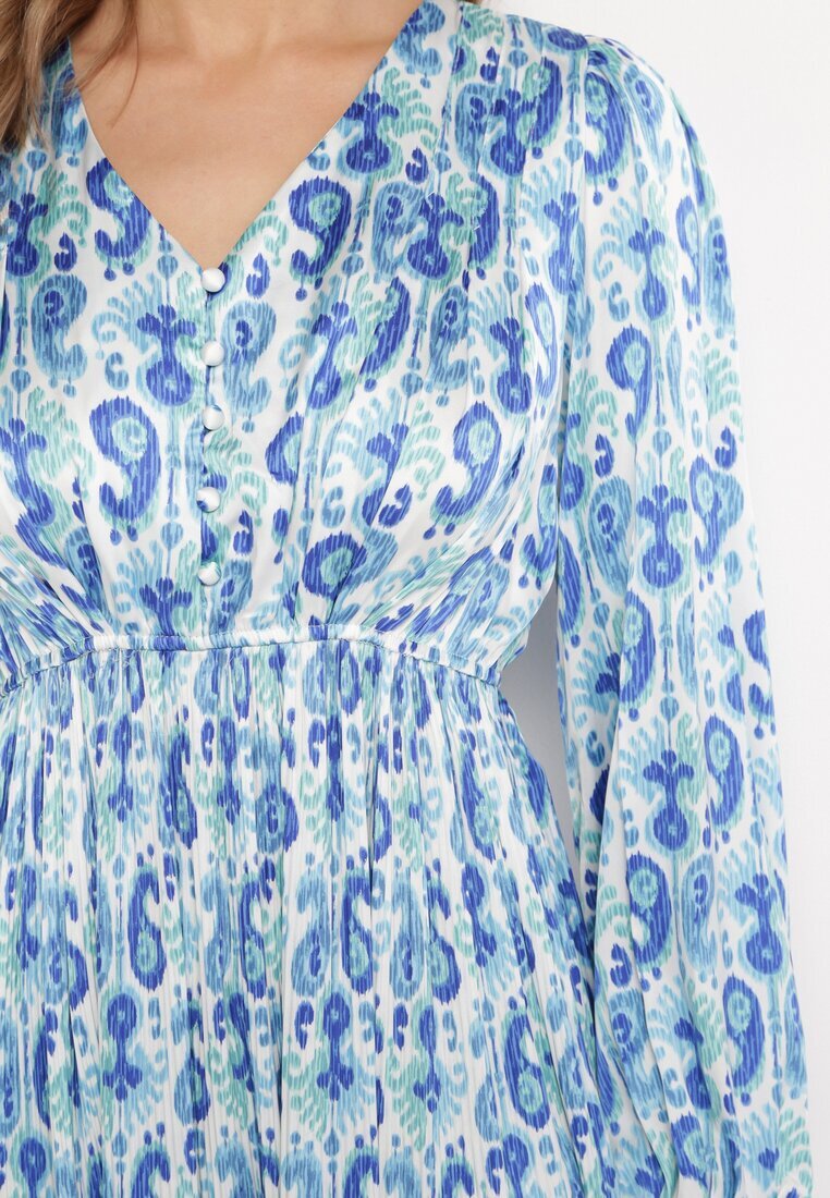 belcci Rochie Satinată Maxi Albastră-Albă Decorată cu Model Paisley cu Elastic în Talie Wirlena