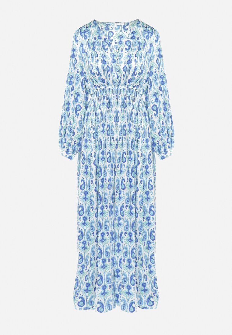 belcci Rochie Satinată Maxi Albastră-Albă Decorată cu Model Paisley cu Elastic în Talie Wirlena