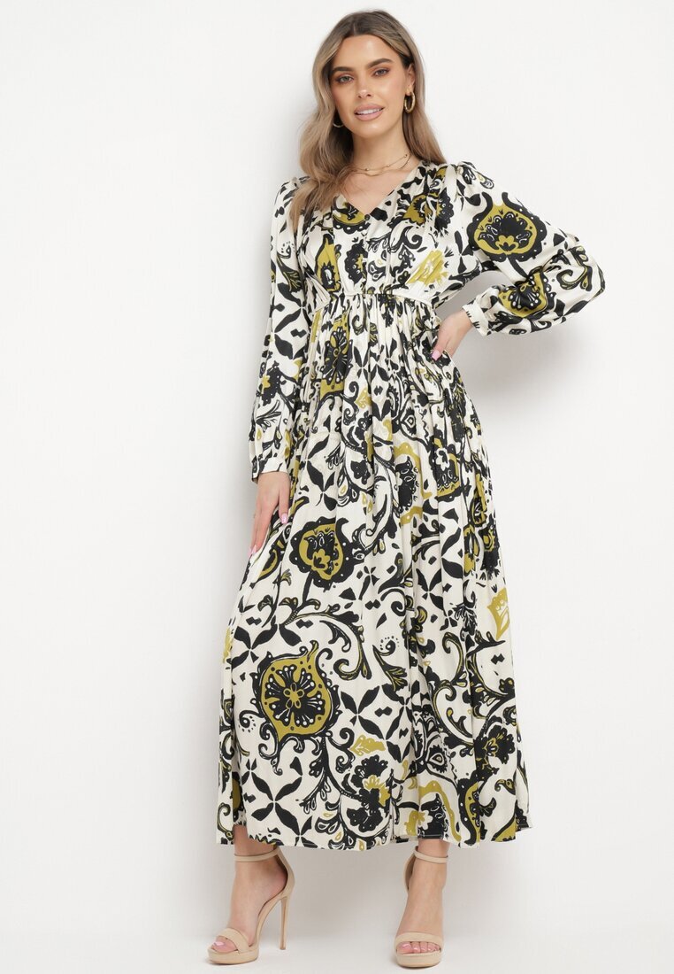 belcci Rochie Verde din satin Maxi cu model ornamental cu elastic în talie Lainare