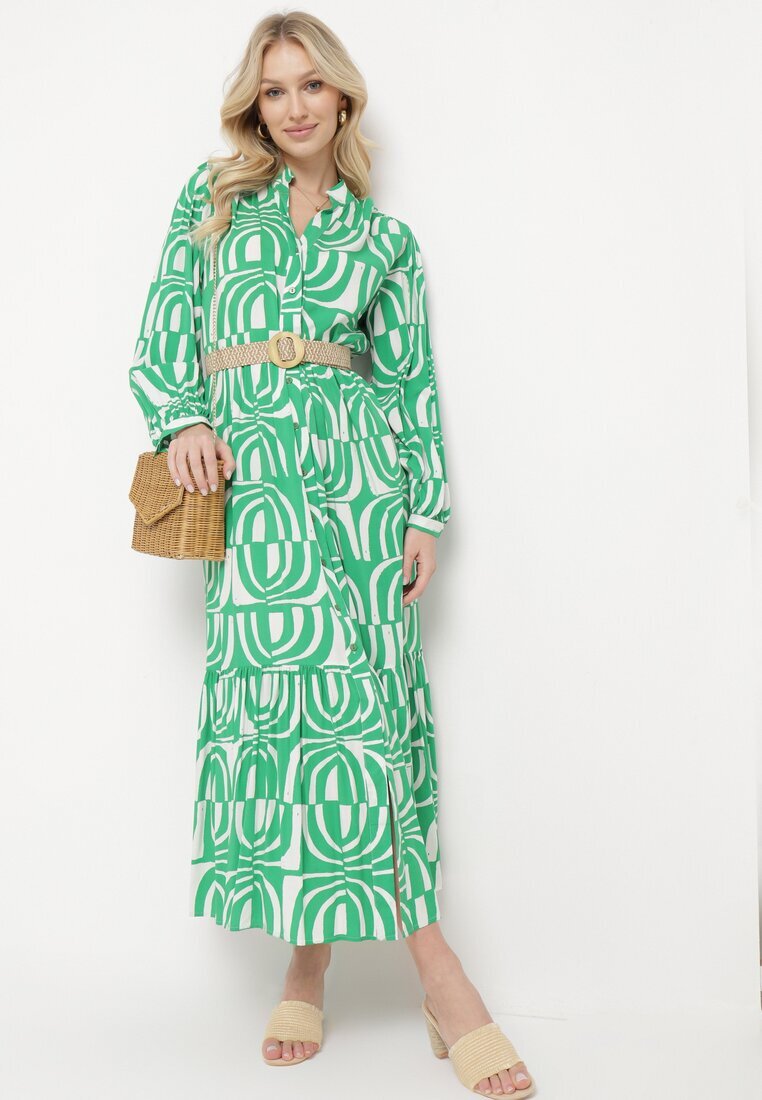 belcci Rochie Verde Lungă Cloș cu Imprimeu Geometric cu Croială Tip Cămașă Verdana