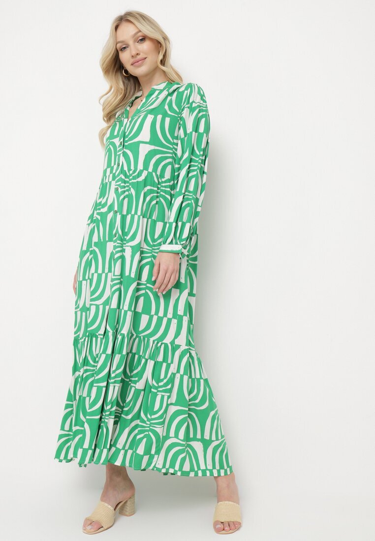 belcci Rochie Verde Lungă Cloș cu Imprimeu Geometric cu Croială Tip Cămașă Verdana