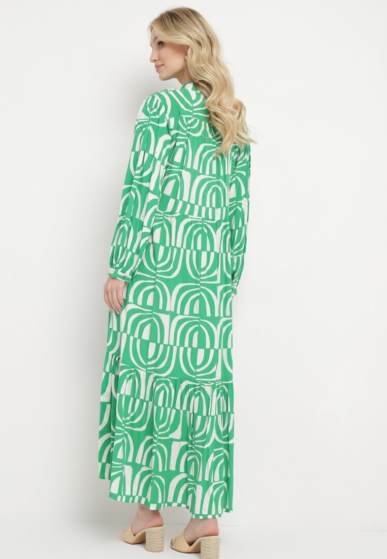 belcci Rochie Verde Lungă Cloș cu Imprimeu Geometric cu Croială Tip Cămașă Verdana