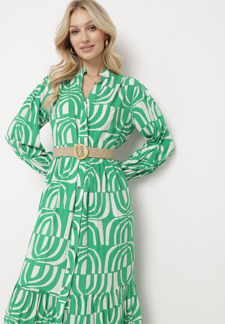 belcci Rochie Verde Lungă Cloș cu Imprimeu Geometric cu Croială Tip Cămașă Verdana