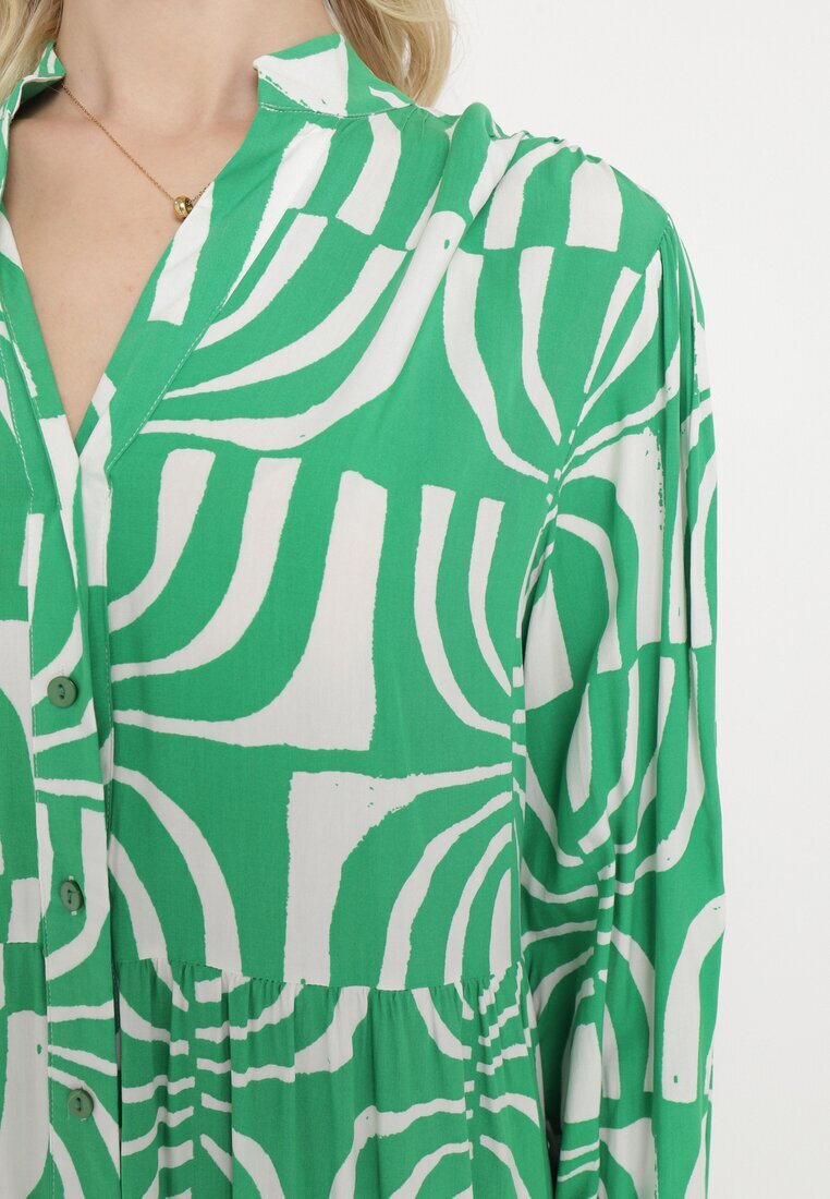 belcci Rochie Verde Lungă Cloș cu Imprimeu Geometric cu Croială Tip Cămașă Verdana
