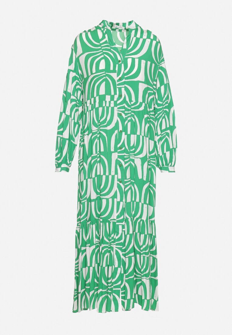 belcci Rochie Verde Lungă Cloș cu Imprimeu Geometric cu Croială Tip Cămașă Verdana