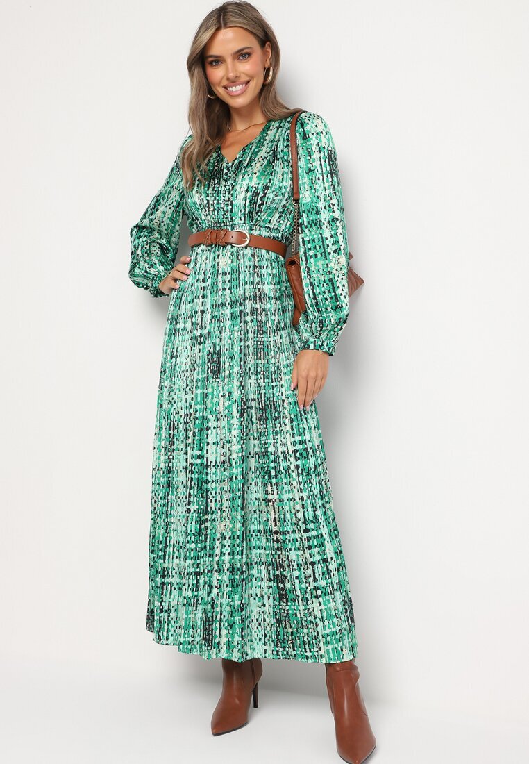 belcci Rochie Verde Maxi cu elastic în talie și cu tiv plisat cu model tweed Viostana