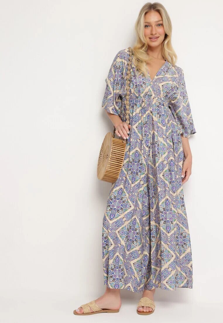 belcci Salopetă Albastră Boho cu Elastic în Talie Legată la Spate cu Picioare Largi Rodolia