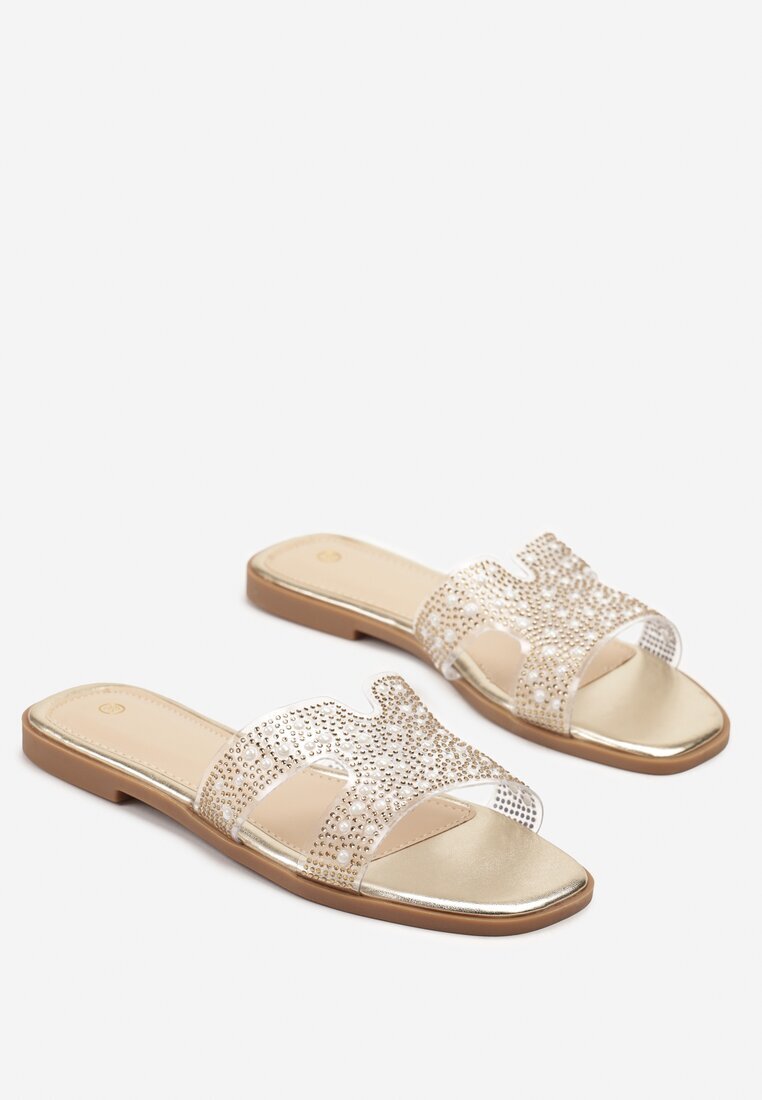 bestelle Papuci Aurii Transparente Decorate Cu Cristale Mirazana