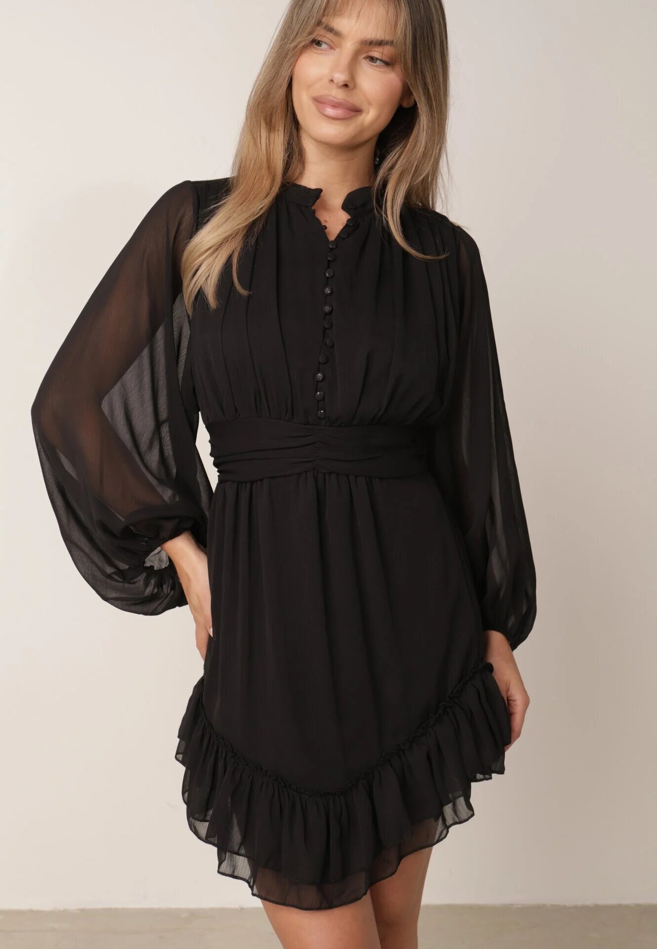 bibous project Rochie Cloche Neagră cu Volan Harlin