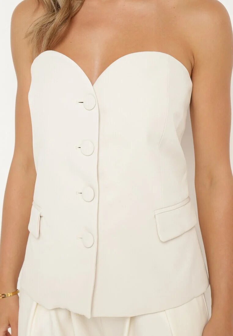 bisou's project Bluză Top tip corset Bej închisă cu nasturi cu buzunare decorative Nevovia
