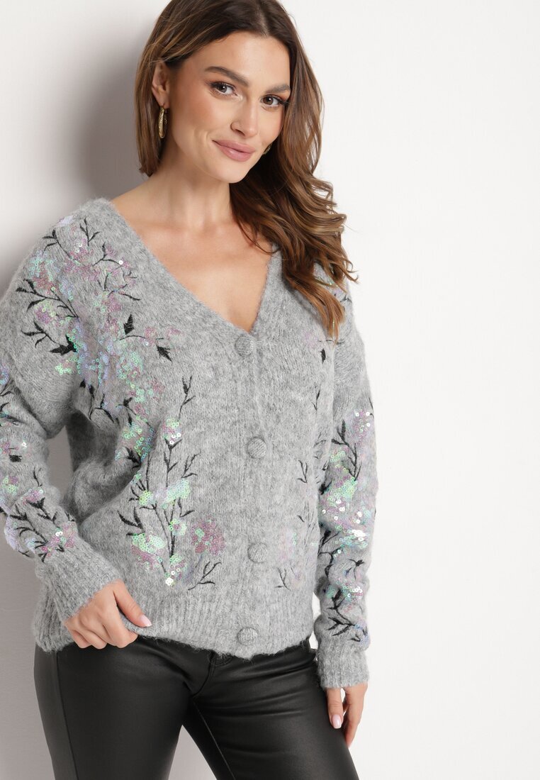 bisou's project Cardigan Gri deschis cu amestec de lână Decorat cu paiete și broderie florală Issadel