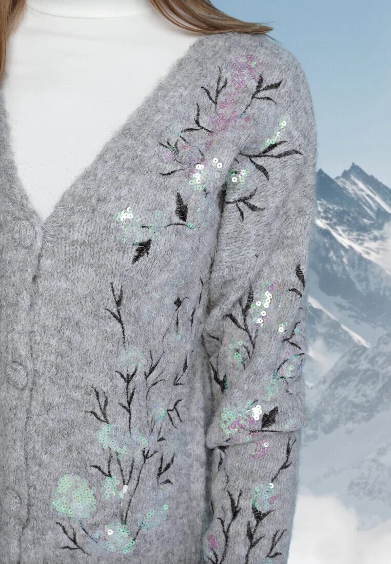 bisou's project Cardigan Gri deschis cu amestec de lână Decorat cu paiete și broderie florală Issadel