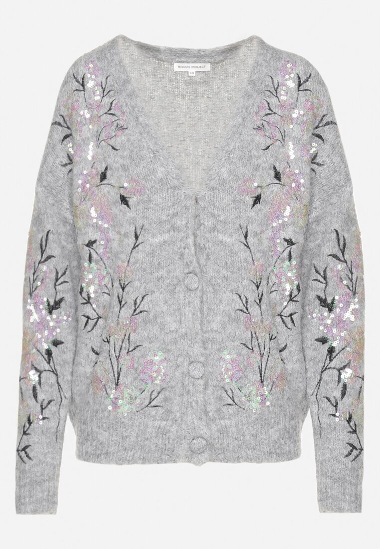 bisou's project Cardigan Gri deschis cu amestec de lână Decorat cu paiete și broderie florală Issadel