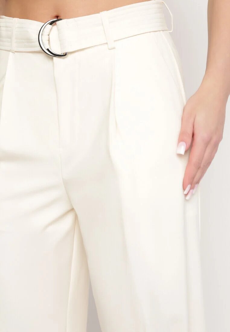 bisou's project Pantaloni bej deschis largi și cu curea din material textil cu cataramă metalică Sintia