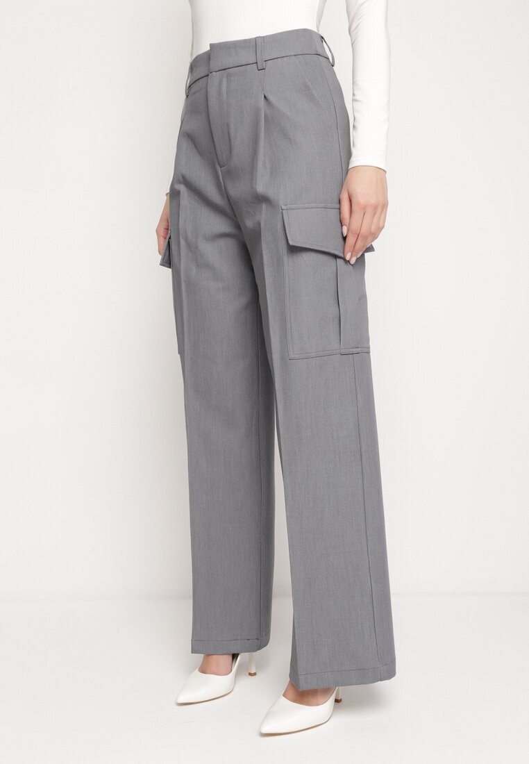 bisou's project Pantaloni eleganți gri închis cu buzunare cargo largi și talie înaltă Akeldia
