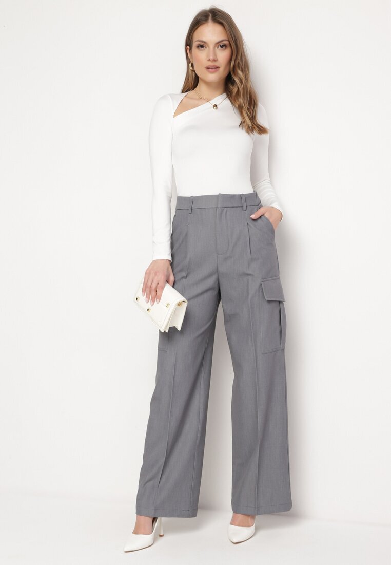 bisou's project Pantaloni eleganți gri închis cu buzunare cargo largi și talie înaltă Akeldia