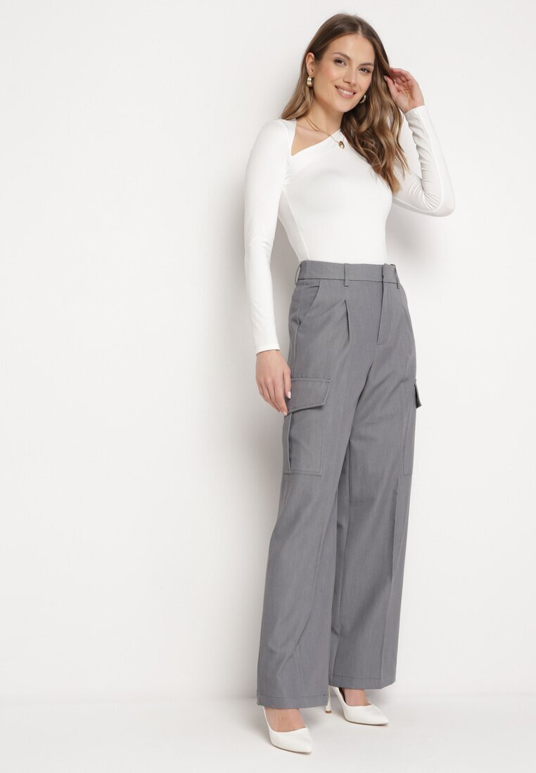 bisou's project Pantaloni eleganți gri închis cu buzunare cargo largi și talie înaltă Akeldia