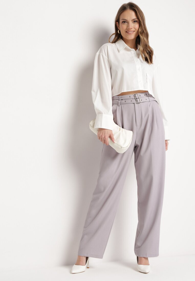 bisou's project Pantaloni Gri de Costum cu Talie Înaltă cu Două Curele cu Cataramă Ankleada