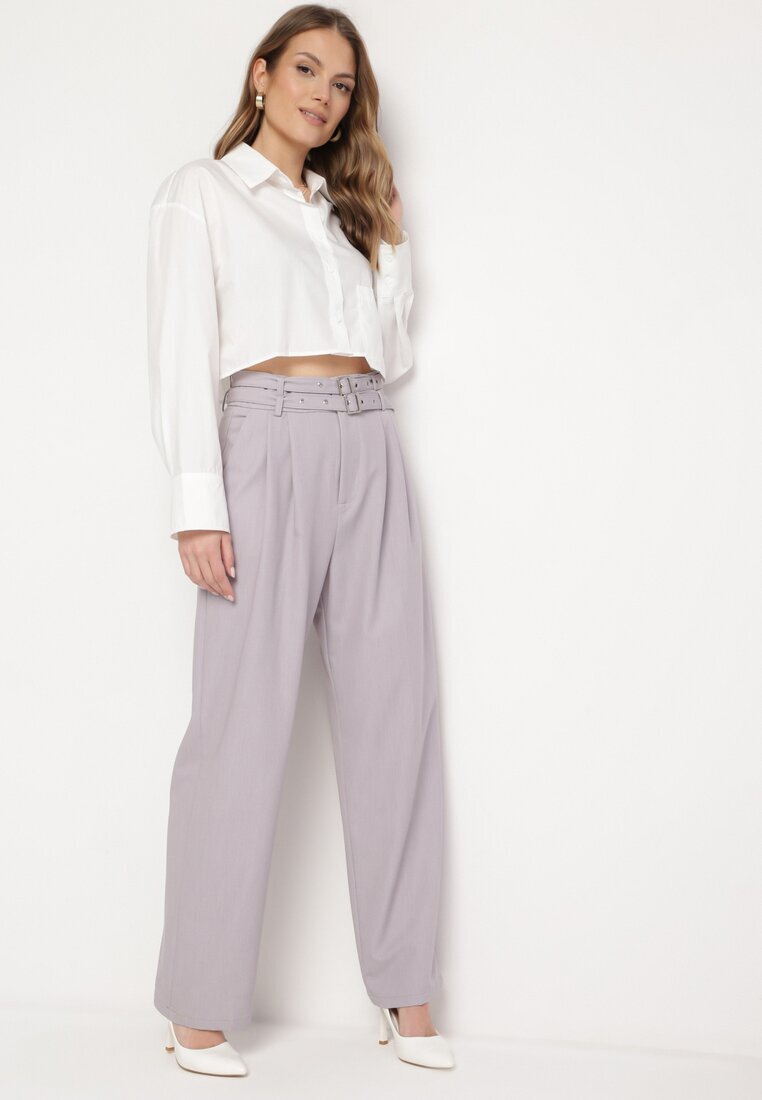 bisou's project Pantaloni Gri de Costum cu Talie Înaltă cu Două Curele cu Cataramă Ankleada