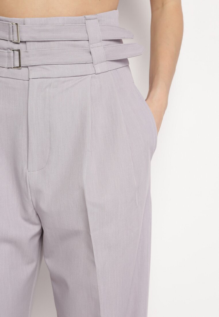 bisou's project Pantaloni Gri de costum cu talie înaltă și două dungi Ameda