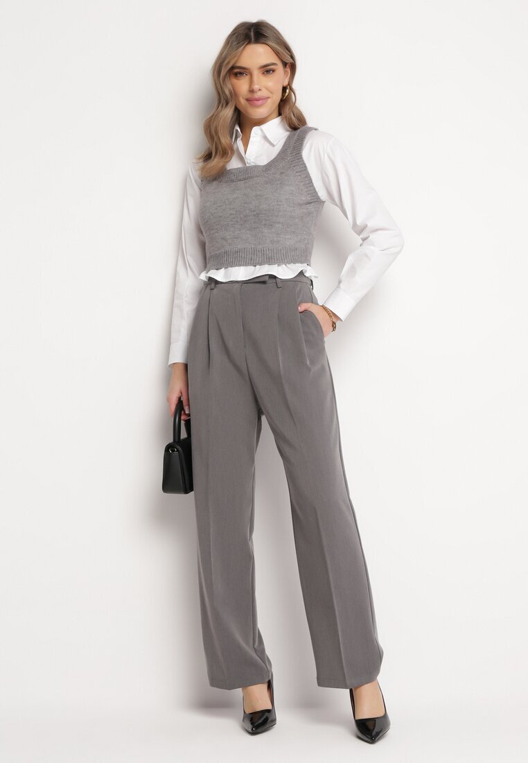 bisou's project Pantaloni Gri închis de costum cu talie înaltă și cu picioare largi Cerda
