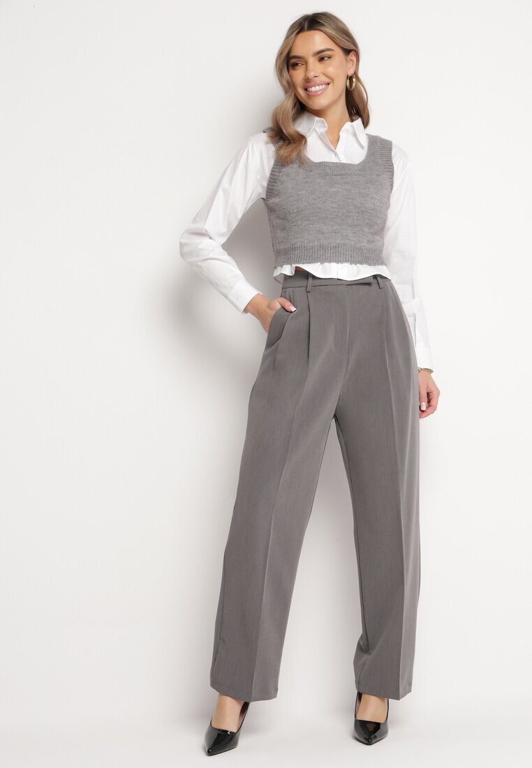 bisou's project Pantaloni Gri închis de costum cu talie înaltă și cu picioare largi Cerda