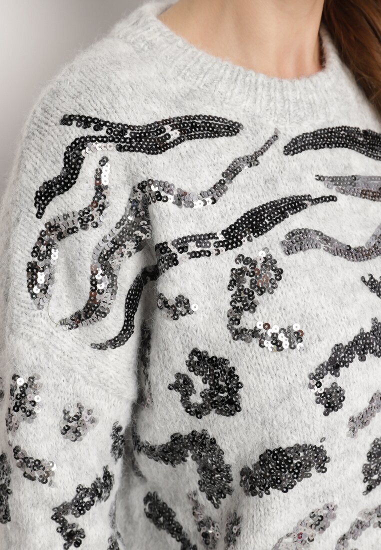 bisou's project Pulover Cenușiu cu Lână Decorat cu Paiete cu Imprimeu Leopard Issadra