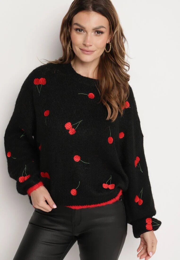 bisou's project Pulover Negru cu Amestec de Lână cu Model de Cireșe Sintovia