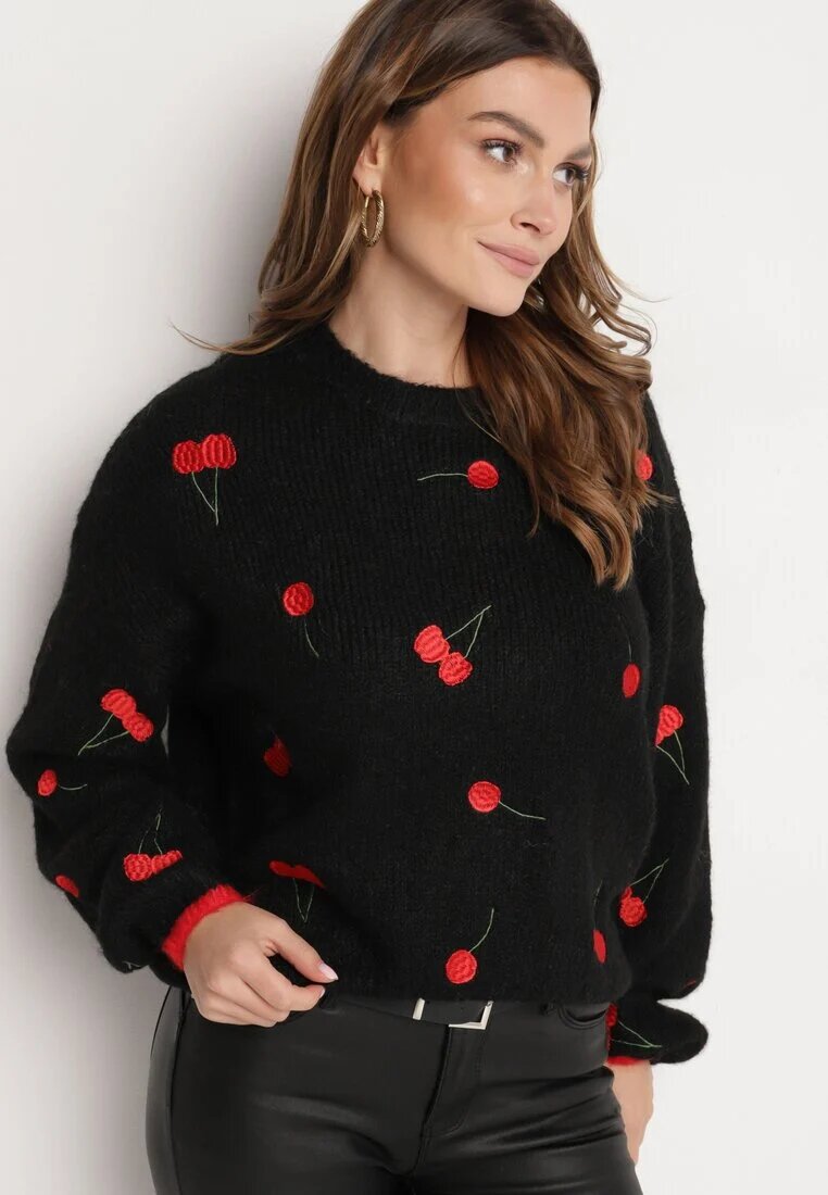 bisou's project Pulover Negru cu Amestec de Lână cu Model de Cireșe Sintovia