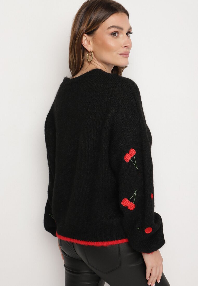 bisou's project Pulover Negru cu Amestec de Lână cu Model de Cireșe Sintovia