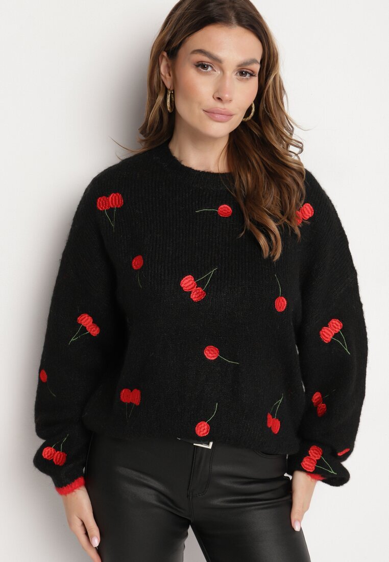 bisou's project Pulover Negru cu Amestec de Lână cu Model de Cireșe Sintovia