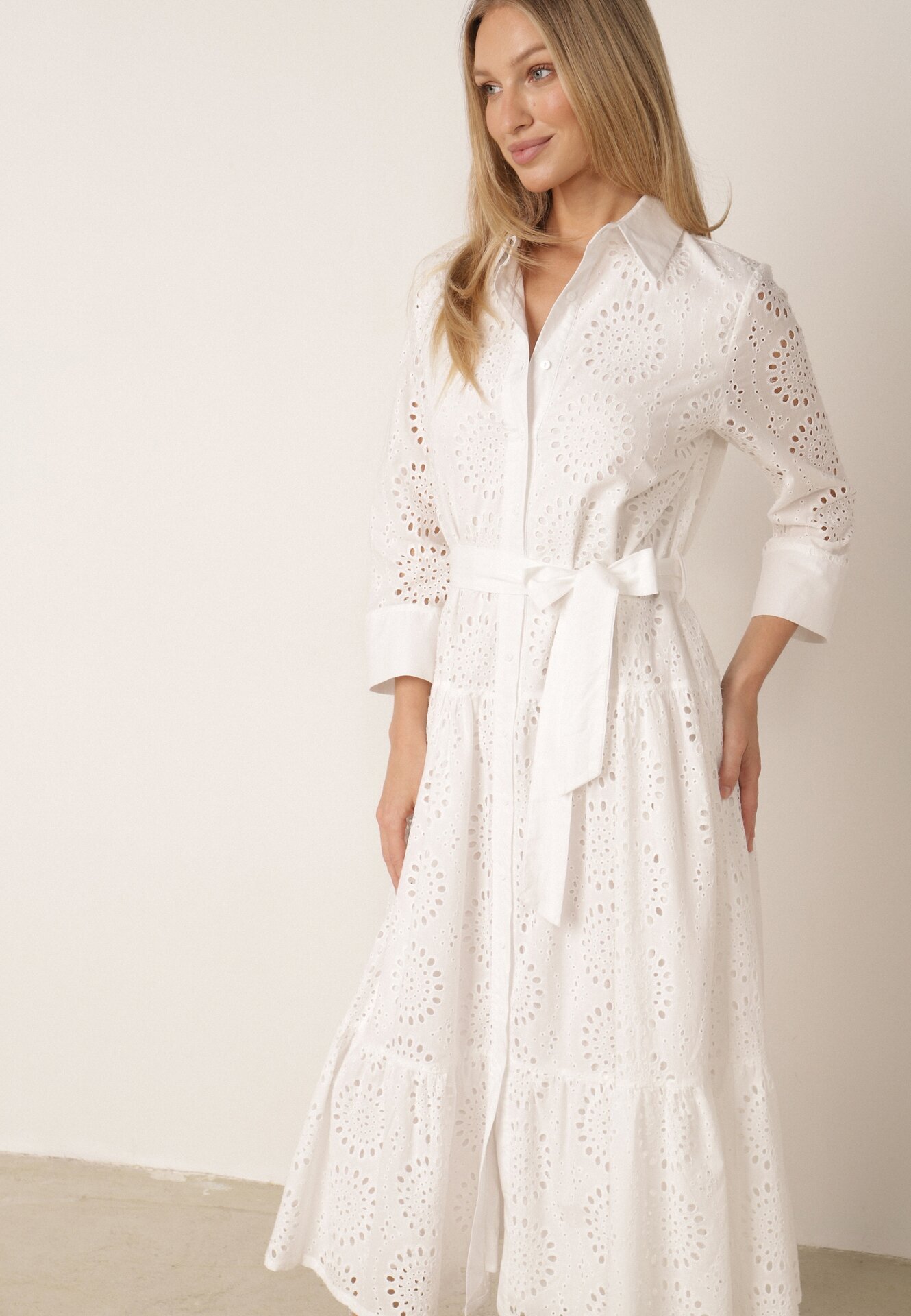 bisou's project Rochie albă din bumbac ajurată tip cămașă Elowetia
