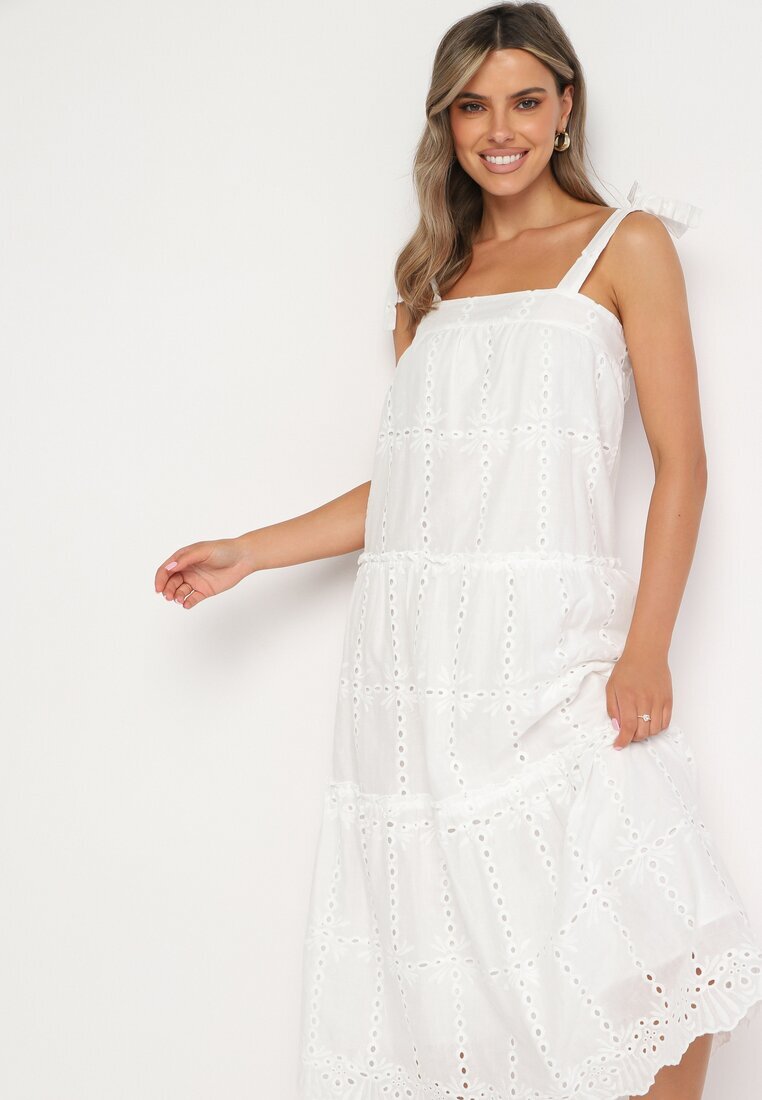 bisou's project Rochie albă din bumbac cu broderie decorativă pe bretele cu fundițe Quonea