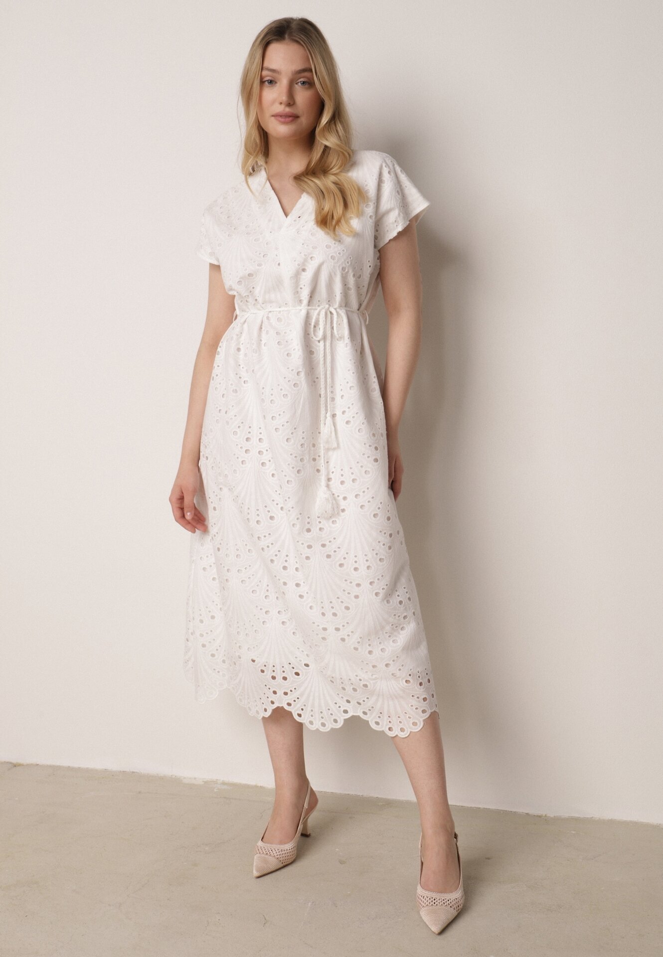 bisou's project Rochie Albă din Bumbac Decorată cu Broderie cu Mânecă Scurtă și Curea din Material Dimisha