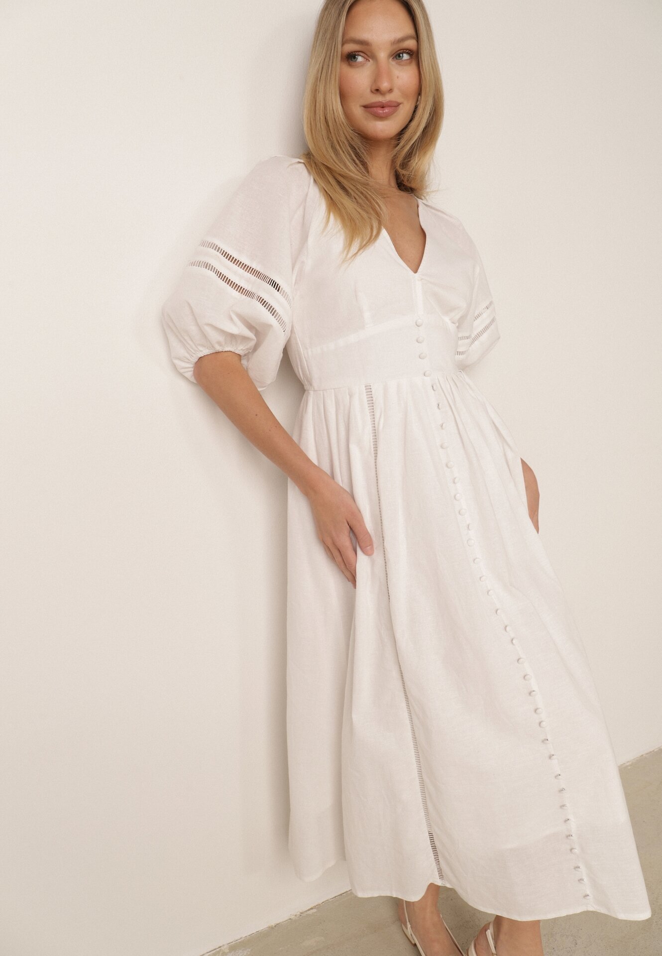 bisou's project Rochie Albă Maxi din bumbac și in cu inserții ajurate și elastic în talie Arada