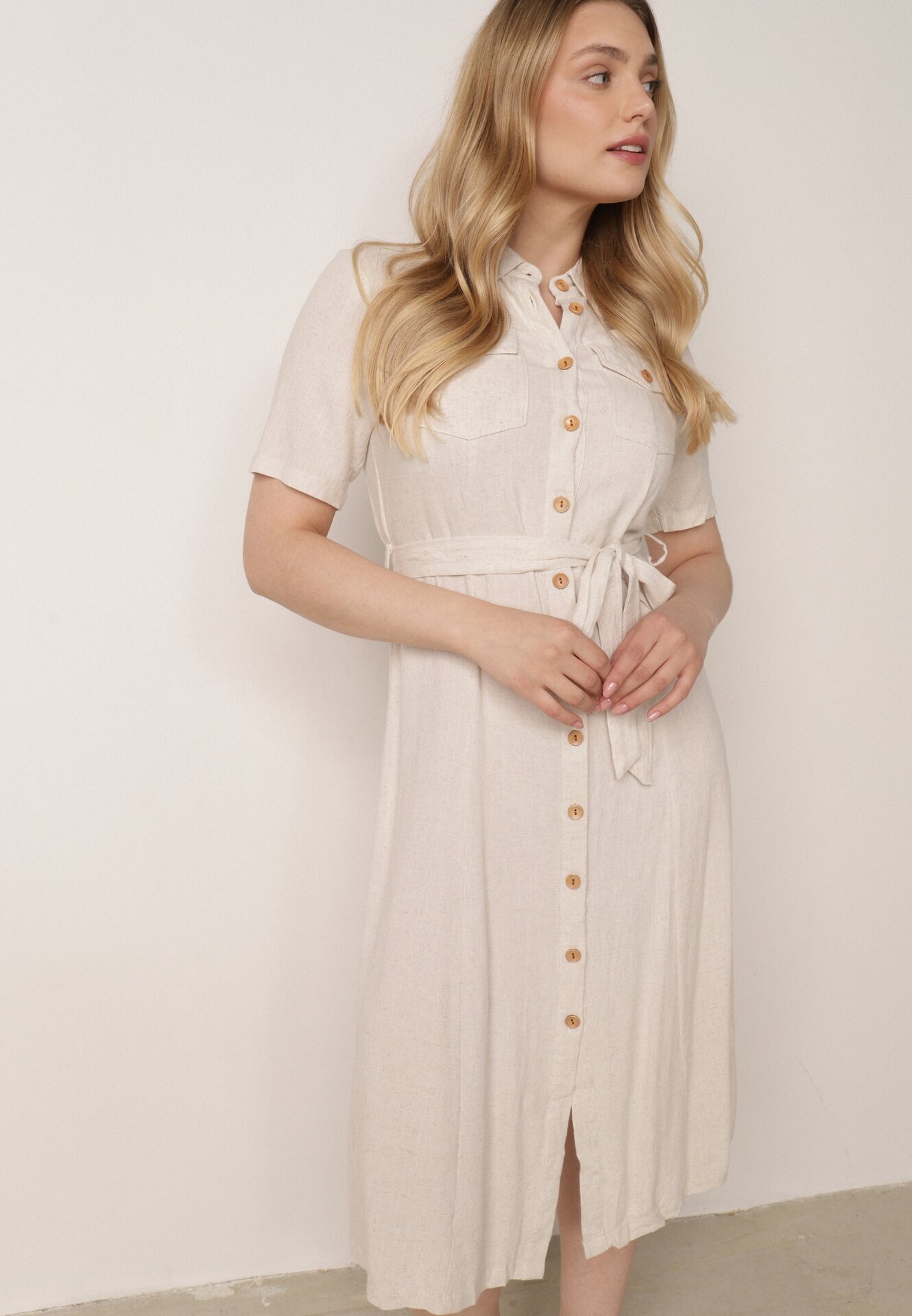 bisou's project Rochie Bej închis tip cămașă din viscoză cu in Închisă cu nasturi cu cordon textil Fidilla